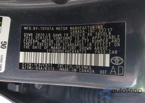 2017 Toyota Corolla Le z USA, uszkodzony, nr VIN 2T1BURHE4HC848773